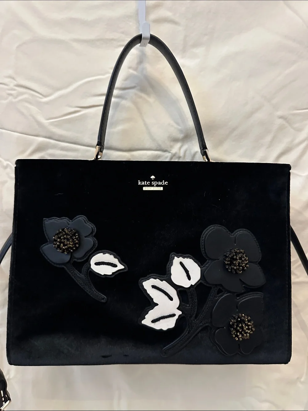 kate spade New York Black Velvet Floral Appliqué Satchel